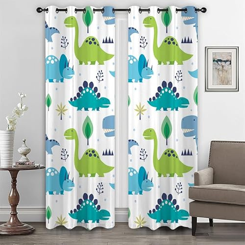 CTQTZ Cartoon Dino Kinder Blickdichte Vorhänge Kinder Dinosaurier Bunte Verdunkelungsvorhänge Mit Ösen 140x160 cm (BreitexHöhe) 2er Set Gardinen für Dekoration Kinderzimmer