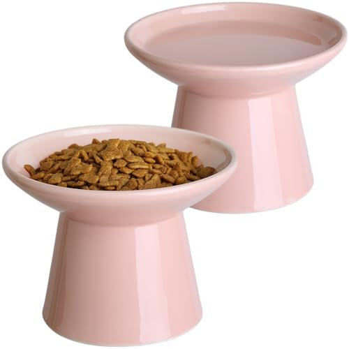 KITCHENLESTAR 6.2 Inch Extra Wide Elevated Ceramic Cat Bowls, Food and Water Bowl Set for Elder Big Cats Small Dogs, Raised Design for Pet Easy Eating, Protect Cat's Spine Set of 2(Pink)