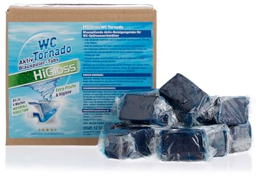 HiGloss WC Tornado 600g Wasserkasten Reiniger, Tabs für den Spülkasten, für ein hygienisches Blau und langanhaltende Frische, Vorratspackung für 12 Monate blau