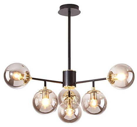SweAtz Lustre moderne à 6 lumières noir mat, grand luminaire suspendu avec abat-jour classique en boule de verre gris fumé, plafonnier globe pour chambre à coucher, salon, salle à manger, cuisine (