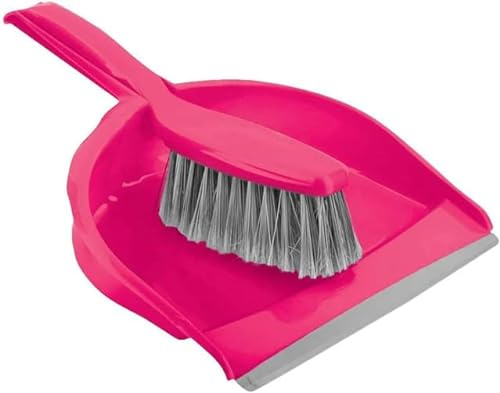 Soft Dustpan and Brush Set, Household Bristle Brush and Plastic Dust Pan with Rubber Lip to Collect and Sweep Dust and Dirt from Floors, Compact Storage, BPA Free Lightweight Design, Pink