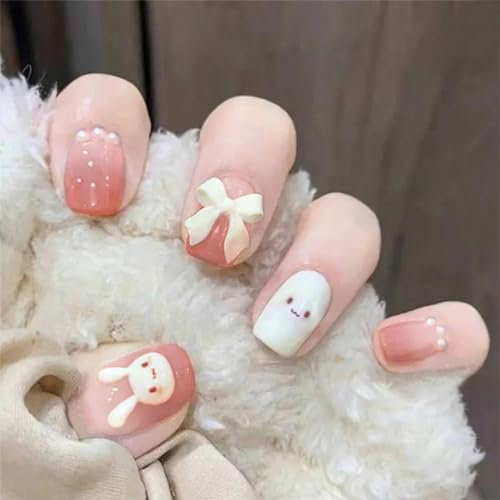 NICENEEDED 24 Pcs Cute Bunny Press on Nails, Short Easter Fake Nail, Rabbit False Nails Full Cover Nail Tips Stick on Nails Acrylic Nails Artificial Nails Decorations for Women Girls Holidays Nail Art