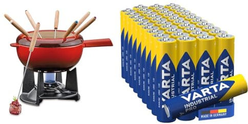Spring Gusseisen Fondue Set rot | Ø 20 cm | mit 8 Fonduegabeln und Spritzschutz | für Käsefondue & VARTA Batterien AAA
