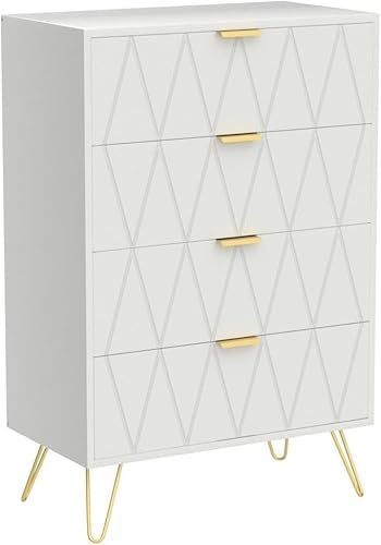 GOOBUY Cassettiera Bianca con 4 Cassetti, Como Camera da Letto in Legno, Mobile per Soggiorno, Maniglie e Gambe Dorate, 34P x 60l x 91H cm, Bianco