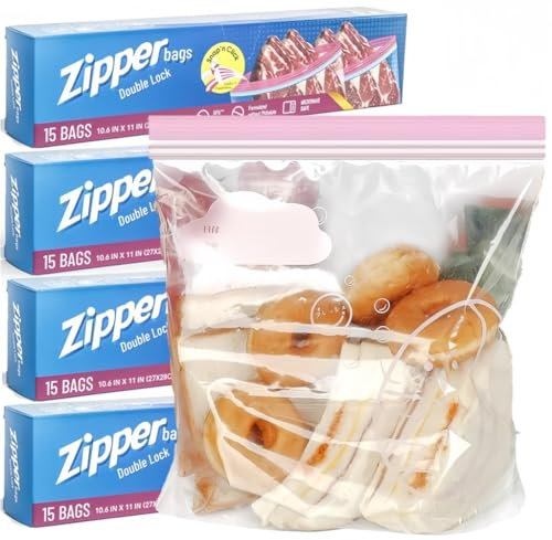 KAHEIGN 60 Pièces Sacs de Congélation pour Aliments, Grand Sacs à Éclair à Double Fermeture Réutilisables Sacs Alimentaires Large pour Sandwich Fruits Légumes Viande Soupes Snacks (27CM x 27CM)