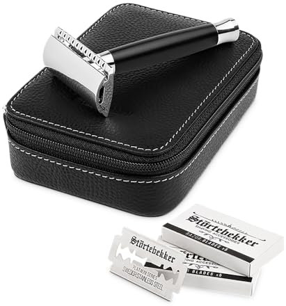 Störtebekker® Premium Rasierhobel Solingen Schwarz im Set - inkl. Rasierhobel Etui und 10 Störtebekker Klingen - perfekt zum Reisen - Hochwertiges Rasierset/Bartpflege Set für Männer - Geschenkidee