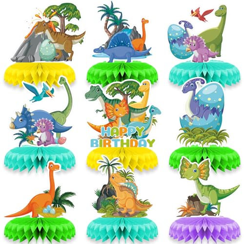 INRUI 9 Pieces Dinosaur Party Honeycomb Centrepieces Dinosaur Happy Birthday Decorations Multi-Colored Dinosaurs Party for Kids Table Toppers Supplies