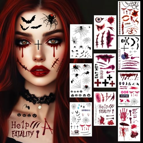 Tatouage Maquillage Halloween pour Visage, 10 Feuilles Deguisement Halloween Femme Homme Fille Garcon Stickers, Araignée Fausse Cicatrice Autocollant, Vampire Costume Enfant Adulte Accessoire