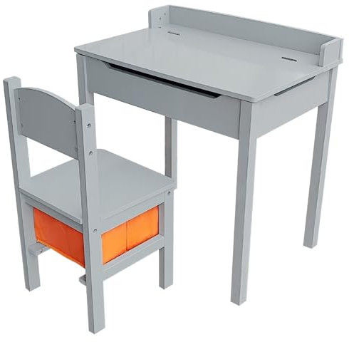 simpa Children's Wooden Lift Up Lid Desk & Storage Drawer Chair Set: Grey Finish.