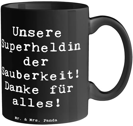 Mr. & Mrs. Panda haferl Spruch Putzfrau Superheldin - Geschenk, Bedanken, Sauberkeit, Anerkennung, Keramiktasse, harte Arbeit, Kaffeepott, Danke sagen, Wertschätzung, Kaffeetasse, Aufmerksamkeit