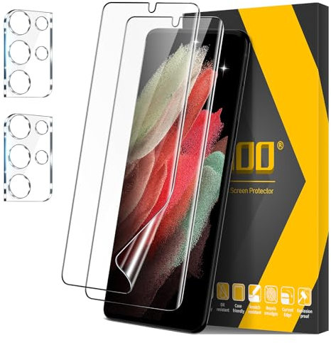 JEHOO for Samsung Galaxy S21 Ultra Screen Protector, 2 Pack Soft TPU Film with 2 Pack Camera Lens Protector, Support Fingerprint Unlock,Full Coverage Bubble Free 3D Curved Flexible Soft Film