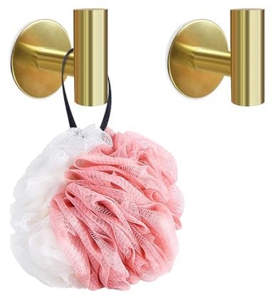 elook 2 Pcs Self Adhesive Hooks, Stainless Steel Stick on Hooks, Extra Sticky and Sturdy, Bathroom Towel Hook Wall Hangers Without Nails, Waterproof and Rustproof - Gold