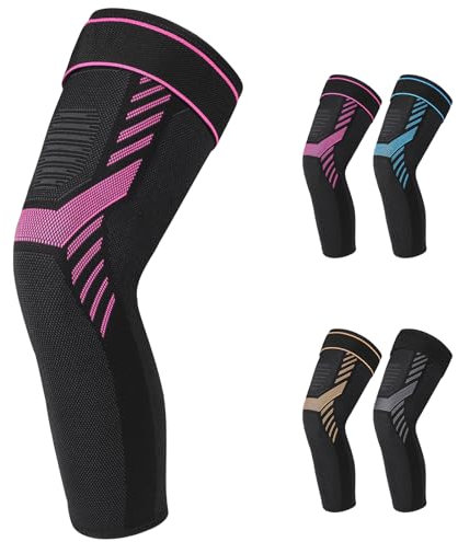 Bcautay Ginocchiere lunghe compresse con fascia regolabile in velcro, ginocchiera per uomo e donna, per sollevamento pesi, basket, menisco, artrite (rosso rosa, M)