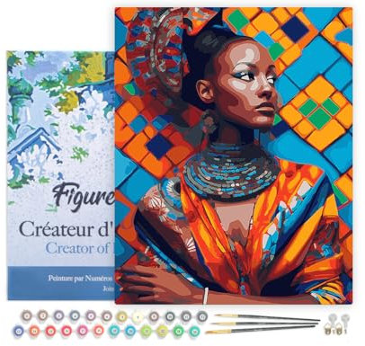 Figured'Art Peinture par Numéro Adulte avec Cadre Beauté Africaine - Activité Manuelle Kit de Loisir Créatif DIY Numéro d'Art Complet - 40x50cm toile tendue sur châssis