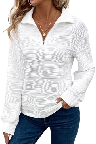 Dokotoo Pullover Damen Sweatshirt Herbst Langarm Reißverschluss-Ausschnitt Hoodie Tops Lässig Einfarbig Stricken Oberteile Sweatshirts Weiß L