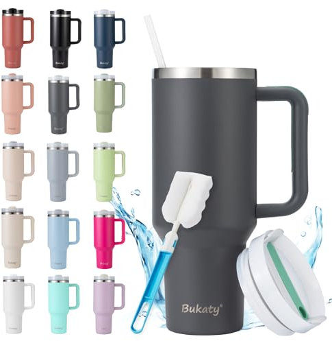 Bukaty Taza térmica con pajita y asa, 30 oz/0,9 l, vaso grande con tapa y pajita, taza de café térmica para llevar térmica, de acero inoxidable, taza de vacío portátil para bebidas frías y calientes