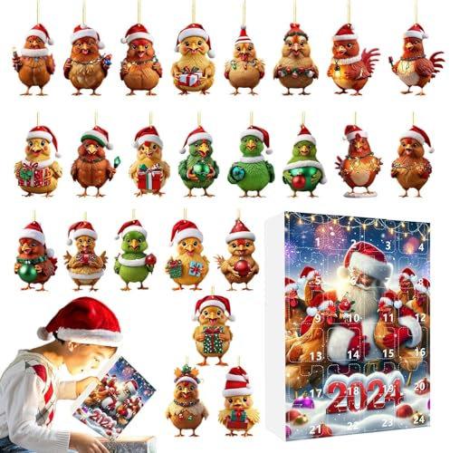Adventskalender 2024 Hühner Weihnachts Countdown Kalender Mit 24 Acryl Hühner Anhänger, 24 Tage Weihnachts Adventskalender Christbaumschmuck Für Weihnachten 26x18x2,5cm