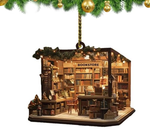 Christmas Bookstore Ornament, Tree Hanging Decoration, 2D Flat Acrylic Bookshop Ornament for Book Lovers