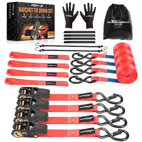 maXpeedingrods 4X 997kg Spanngurte mit Ratsche 4,5m, Spanngurte mit Haken | EN 12195-2, Schutz der Geräte beim Transport, Motorrad Spanngurt 25mm, Bonus Aufbewahrungstasche- Rot