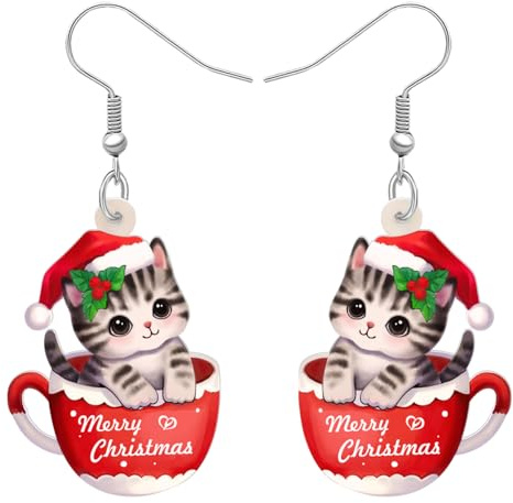 OUSIO Boucles d'oreilles en acrylique pour le jour de Noël - Adorable tasse à café - Chapeau de Père Noël amusant - Pour femme et amoureux des chats - Cadeaux d'anniversaire et de vacances, M,