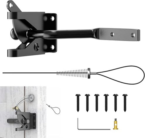 Linkidea Langer selbstverriegelnder Schwerkraftriegel für Tore, Feder aus Karbonstahl mit verstellbarem Torriegel-Kabelzug, für Metall- und Holzzäune (Lang)