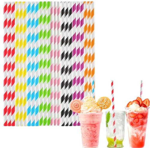 100Pcs Paper Straws for Craft,8 Inch 6mm Bore Biodegradable Disposable Straw,Stripe Colored Paper Drinking Straws Coffee Juice Cocktail Straws for Birthday Wedding Baby Shower Party and DIY Decoration