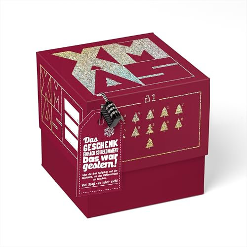 SURPRISA Geschenkbox für Weihnachten, Rätselbox für Geldgeschenke, Glitzer-Design in Rot mit Xmas-Aufdruck, Größe L (20cm)