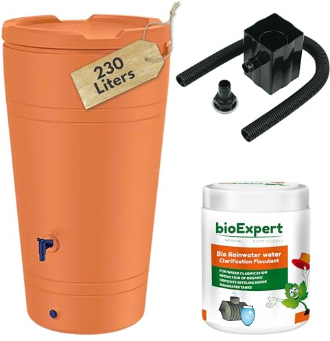 Water Butt Kit With Tap, Diverter And Bio Cleaner- 230L Plastic Rain Water Collector for Garden, Balcony or Terrace - Terracotta Color - H43 x D23 in (109x59cm) Save and Promote Plant Growth