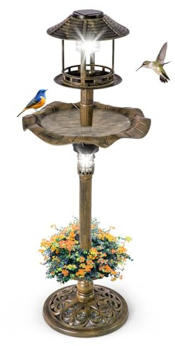 SOARS Vogeltränke mit Solarleuchte, Vogelbad mit Blumentopf & Vogelfutterhaus, Vogelfutterstation Retro inkl. 3 Befestigungsnägels, wetterbeständig für Balkon, Wald & Garten(Bronzen)