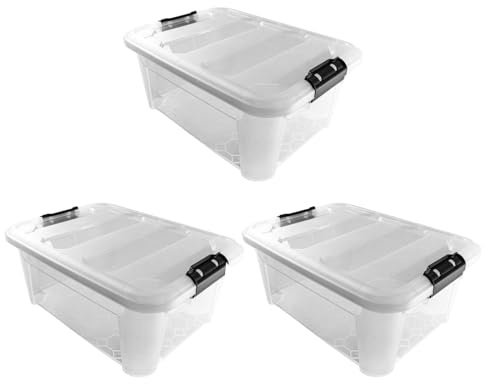 JVL Plastic Secure Clip Lidded Storage Box, Stackable & Nestable, Clear, Set of 3, 25L