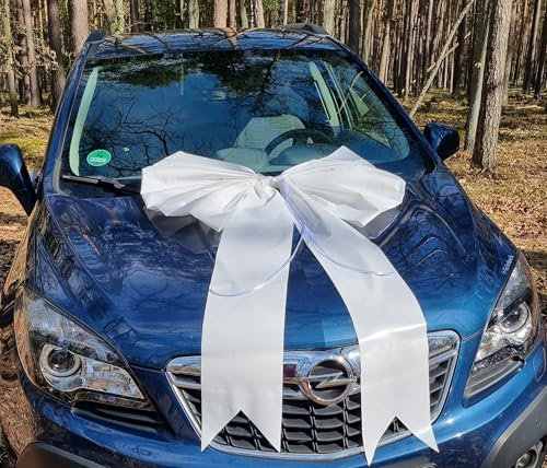 CaPiSo 5er Set XXL Megagroße FERTIGSCHLEIFE Autoschleife 1,40m x 80cm incl. 4 Türschleifen OHNE BASTELN Geschenkschleife für große Geschenke Haustürschleife Geschenkverpackung Garten (Weiss)