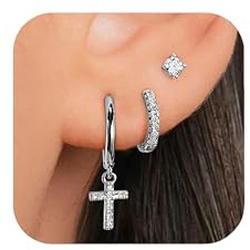 3 Paar Ohrringe Silber 925 Set für Damen Kleine Ohrstecker Creolen Anhänger Ohrringe Set Für 3 Ohrlöcher Mehrere Piercings Kreuz