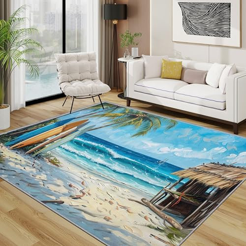 Tropisch Teppich, Surfbrett Strand Palmen Teppiche rutschfest Waschbar Weich, Surf Küsten Wohnzimmerteppich Schlafzimmer Jugendzimmer, 120x180 cm, Blau