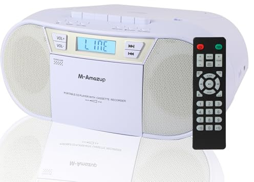 M-Amazup Boombox CD-Player, tragbar, Kassettenspieler-Kombination mit CD, MP3, Bluetooth, AUX, TF, USB, FM-Radio, AC/DC, mit Fernbedienung, Kopfhöreranschluss, Stereo-Sound für Zuhause, Kinder