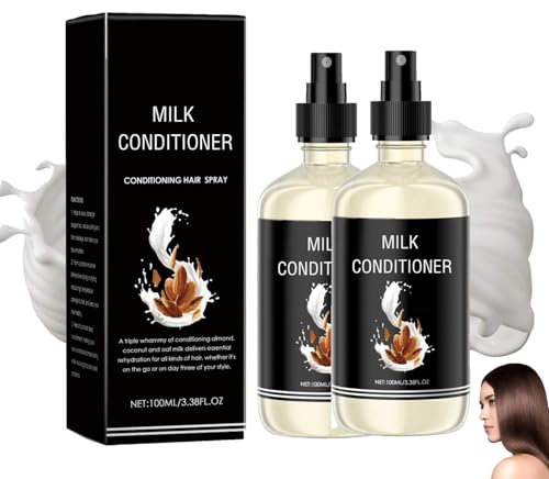 Milk Conditioning Hair Spray, Milk Hair Primer,Leave in Conditioner,Für Elastisches Haar,Haarspülung,Milchprotein, Feuchtigkeitsspendend,Entwirrend,Für trockenes und sprödes Haar (100ML, 2PC)