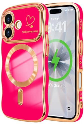 LCHULLE Magnetische für iPhone 17 Hülle Liebesherz Wellenform,Rosarot | Kompatibel mit MagSafe,Wellen Lockige Form Handyhülle,Herzmuster Schutzhülle mit wellenförmigem Design, Wavy Heart Case