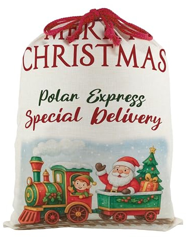 Childrens Christmas Santa Sack, Extra Large Fabric Present Bag for Xmas Gifts with Red Drawstring Ties - Special Delivery Toy Train