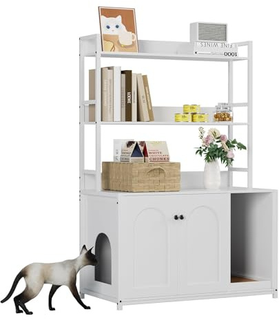 Katzenklo Schrank, Versteckter Katzentoilette Schrank mit 2 Ebenen Regalen & 1 Arbeitsplatte, Katzenhaus mit Magnetischen Türen Separate Trennwand, Katzenhöhle 132x45x90cm, Weiß