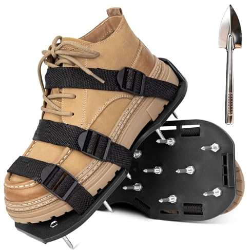 Aishkimo Lawn Aerator Shoes with Adjustable Strap and Heavy Duty Spikes for Grass Aerating Patio Garden One-Size-Fits-All Use for Yard Patio Lawn Garden（Black）