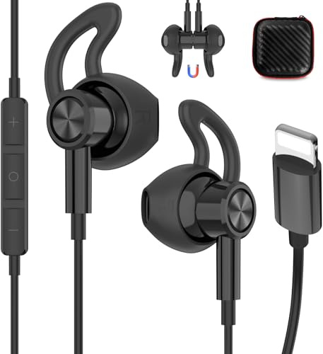 iMangoo Écouteurs magnétiques filaires certifiés MFi, anti-chute, avec microphone, contrôle du volume pour Apple iPhone 14 Plus 13 Pro Max 12 Mini 11 XS XR Noir