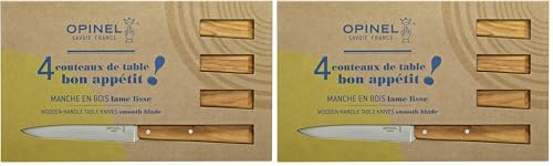 OPINEL - Boîte de 4 Couteaux de Table N°125 Bon Appétit Sud - Lame Acier Inox - Manche Bois d'Olivier - Garantie à Vie - Fabrication Française - Coloris Naturel (Lot de 2)