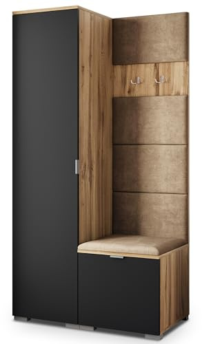Masseno Flugarderoben Set Lori, Kleiderschrank-Set mit Sitzbank, Garderobenschrank Flur mit 3 Regalböden, Eiche Wotan/Schwarz