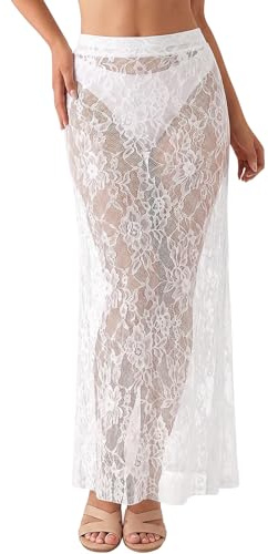Aunribor Femme Jupe Longue en Dentelle Transparente Jupe Maxi Décontractée | Élégante Broderies Florales Jupe Taille Haute Élastiquée Doux Polyvalent Loisirs Été Vacances Fête Soirée sans Doublure