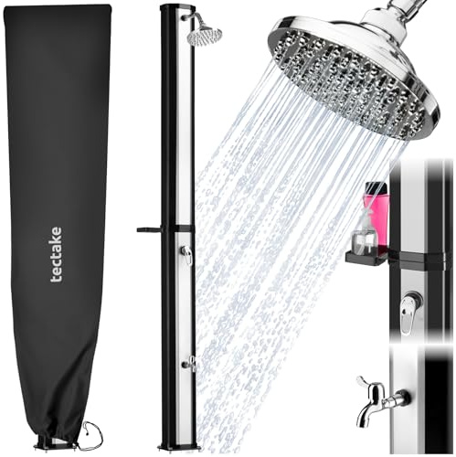 tectake® Doccia Solare da Giardino 35 Litri, Soffione Doccia Orientabile 360°, Accessori Giardino Esterno Campeggio Piscina, con Cover Protettiva, Portasapone, Rubinetto, Attacco Acqua - Nero/Argento