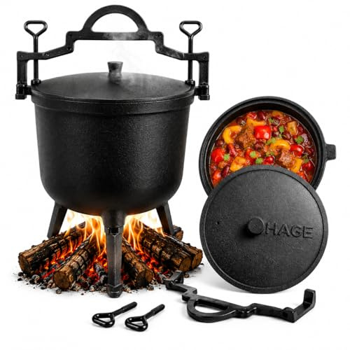 HAGE Gulaschkessel Gusseisen 10L mit Deckel und Standfüßen Dutch Oven Feuertopf für Lagerfeuer Grill Camping Ungarischer Gulaschtopf Schmortopf für Eintopf Suppe Fleisch und BBQ