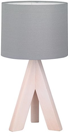 Reality Leuchten Tischleuchte Ging R50741042, Fuss dreibein Holz, Stoffschirm grau, exkl. 1x E14