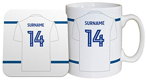 Personalised 'Back of Shirt' 11oz Mug & Coaster Set for Leeds United Supporters, Officially Licensed, with Club Colours, Ideal for Leeds United Fans
