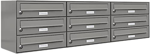 AL Briefkastensysteme 9er Briefkastenanlage Aluminiumgrau RAL 9007, Premium Briefkasten DIN A4, 9 Fach Postkasten modern Aufputz