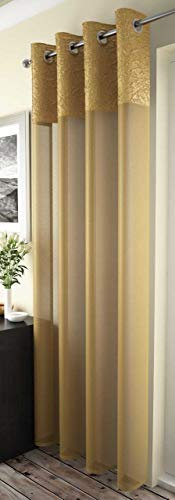 mirabel Madeira plain muslin look crinkled top Ochre gold voile panel 53 x 90 drop inches 135cm x 229cm approx plain eyelet ring top elegance curtain door panel retro top