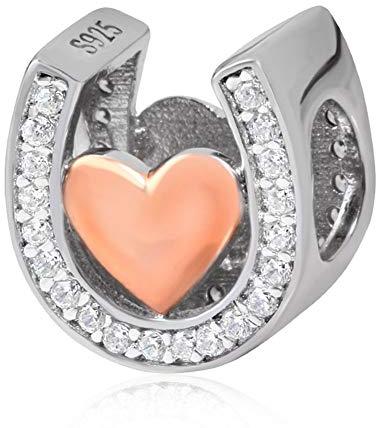 Hufeisen-Anhänger, Glücks-Charm, Liebe, klarer Stein, Stern-Charm für Pandora-Charm-Armband, 925er Sterlingsilber, Rotgold B